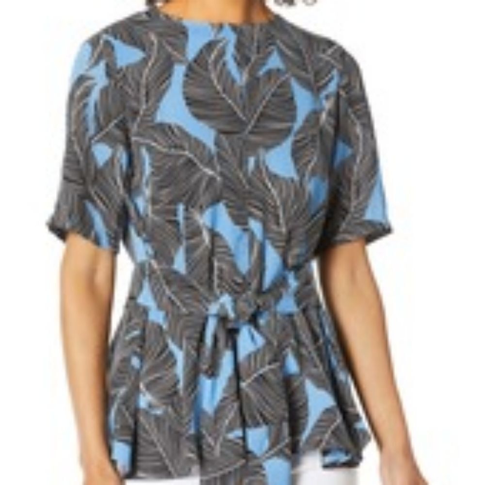 Nine West Turquoise & Black Feathers Modern Career Chic Tied Front Top M/L